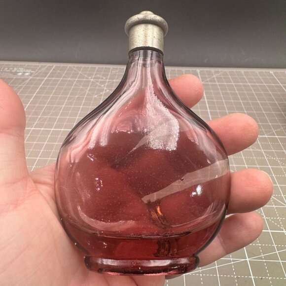 Vintage Amethyst Glass Pear Shaped Small Bottle Screw on Metal Top with Cork - Picture 2 of 7